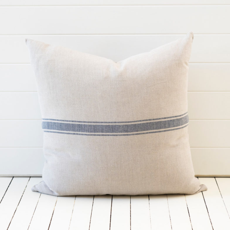 French Consul French linen cushion grain sack stripe blue