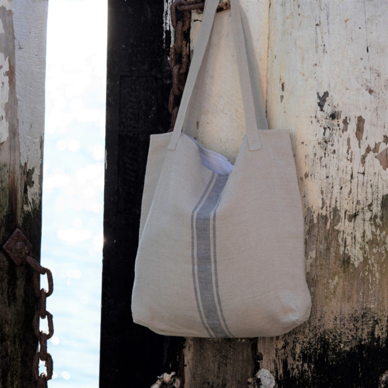 French Consul French linen tote bag grain sack stripe blue