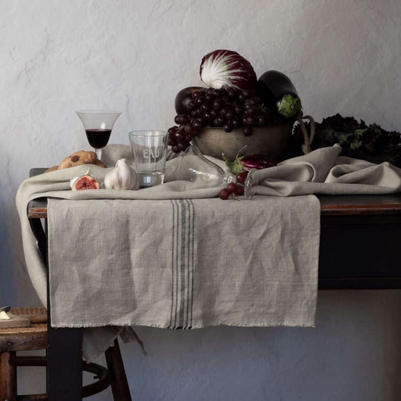 French Consul French linen table runner tablecloth grain sack stripe black