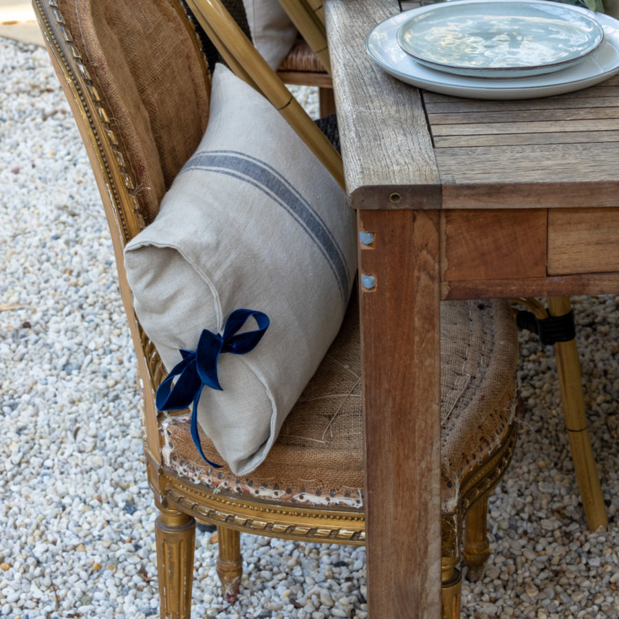 French Consul French linen cushion grain sack stripe blue
