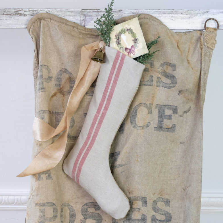 French Consul grain sack linen Christmas stocking rustic red stripe