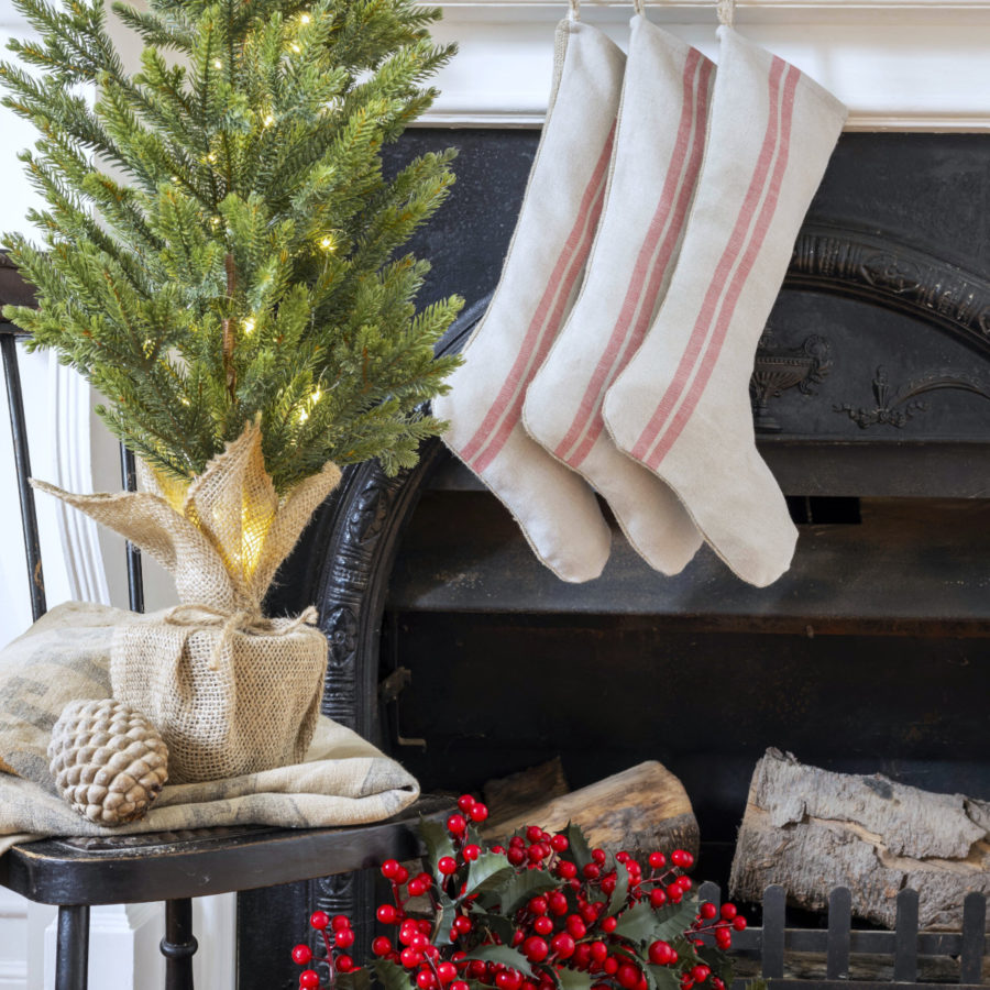 French Consul grain sack linen Christmas stocking rustic red stripe