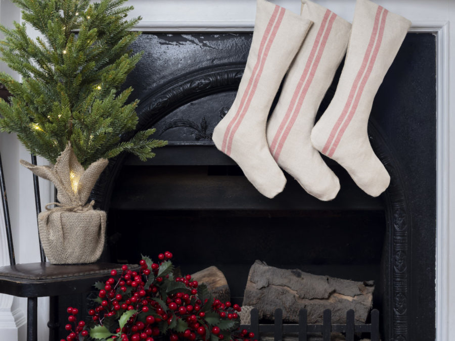 French Consul grain sack linen Christmas stocking rustic red stripe