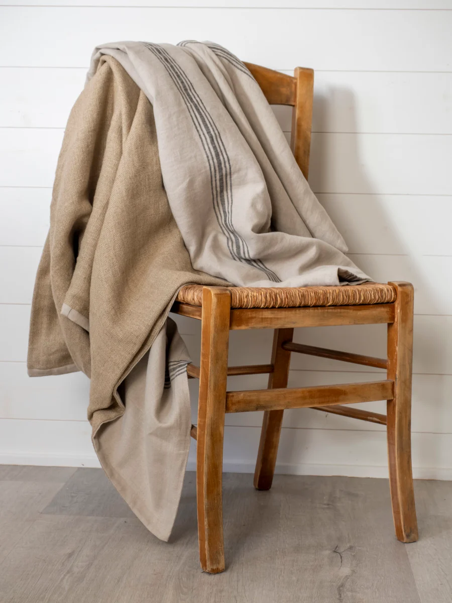French Consul rustic linen throw black grain sack stripe rustic linen
