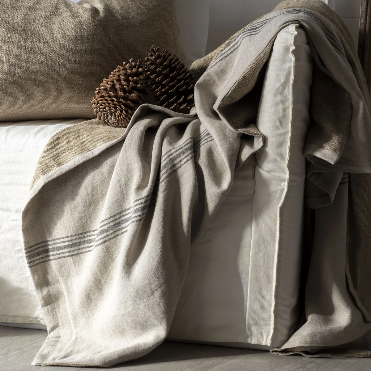French Consul rustic linen throw black grain sack stripe