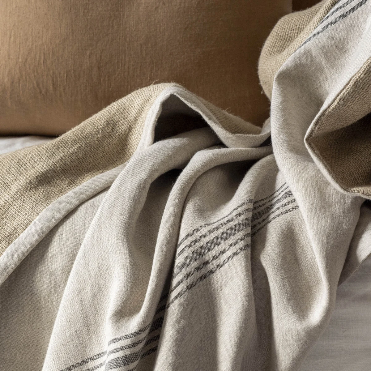 French Consul rustic linen throw black grain sack stripe